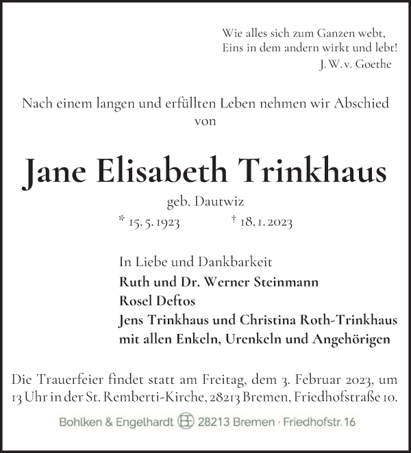 Traueranzeige von Jane Elisabeth Trinkhaus von WESER-KURIER