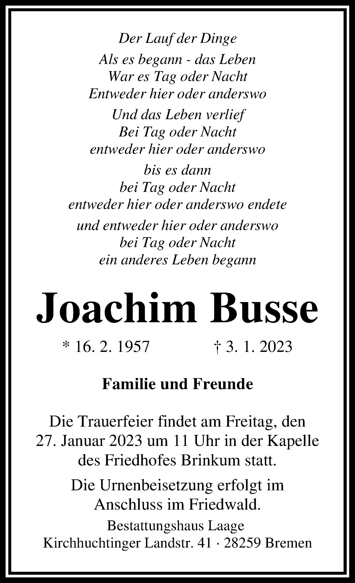  Traueranzeige für Joachim Busse vom 21.01.2023 aus WESER-KURIER