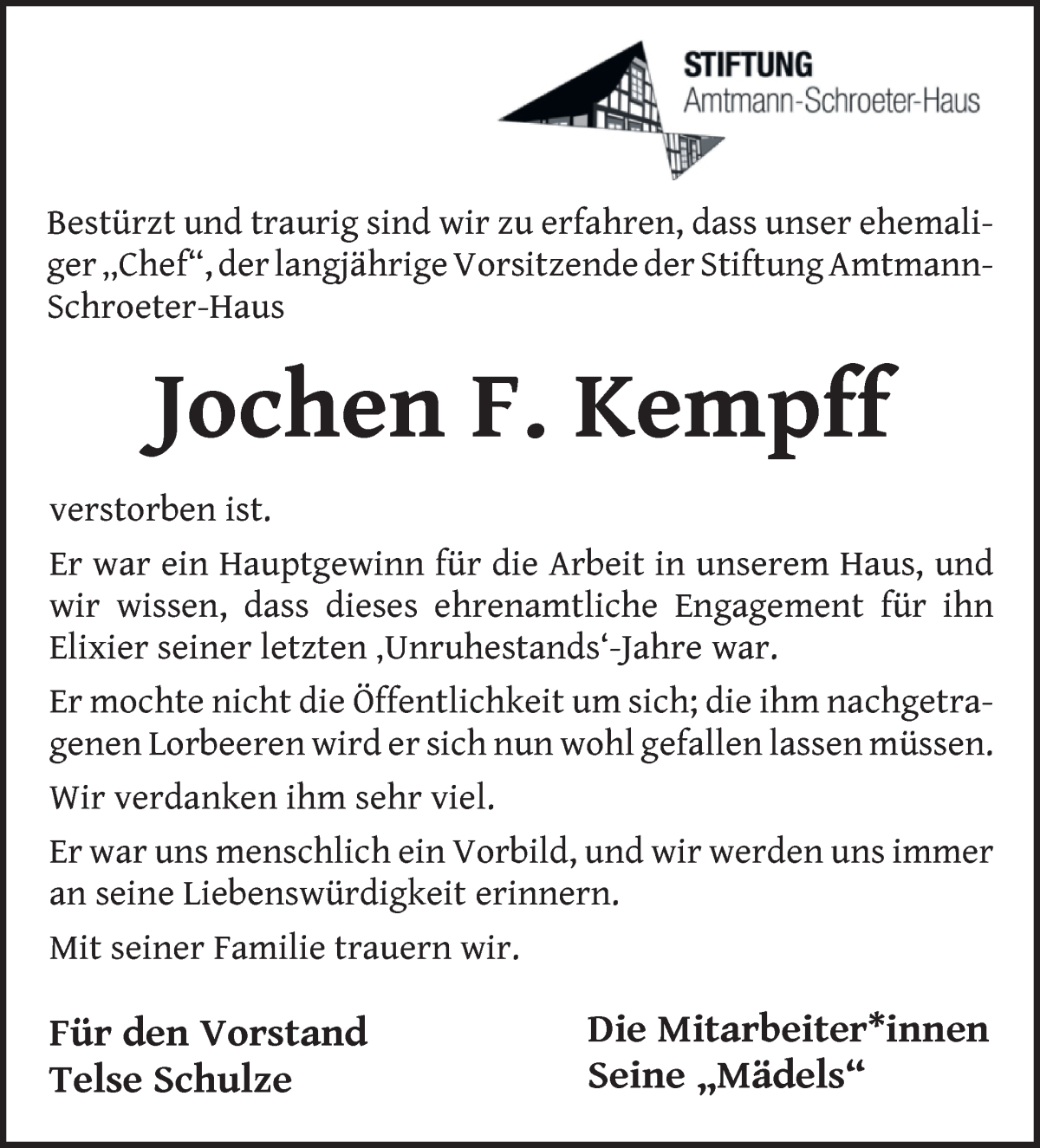  Traueranzeige für Jochen F. Kempff vom 25.01.2023 aus Wuemme Zeitung
