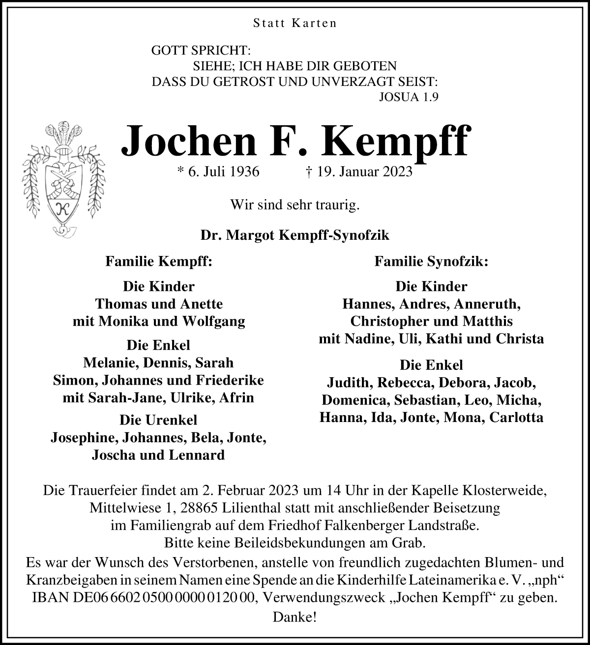  Traueranzeige für Jochen F. Kempff vom 24.01.2023 aus Wuemme Zeitung