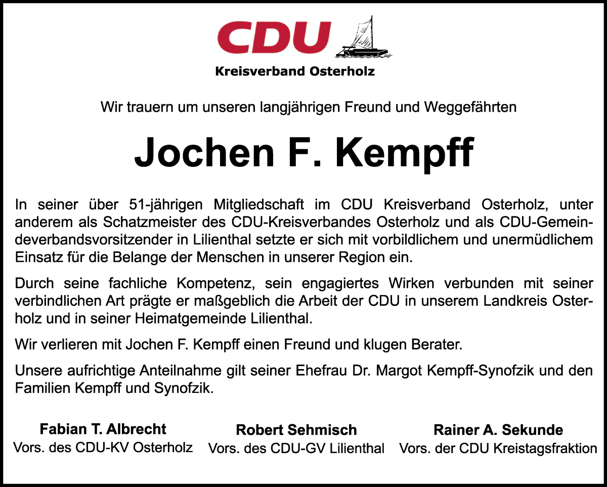  Traueranzeige für Jochen F. Kempff vom 26.01.2023 aus Wuemme Zeitung