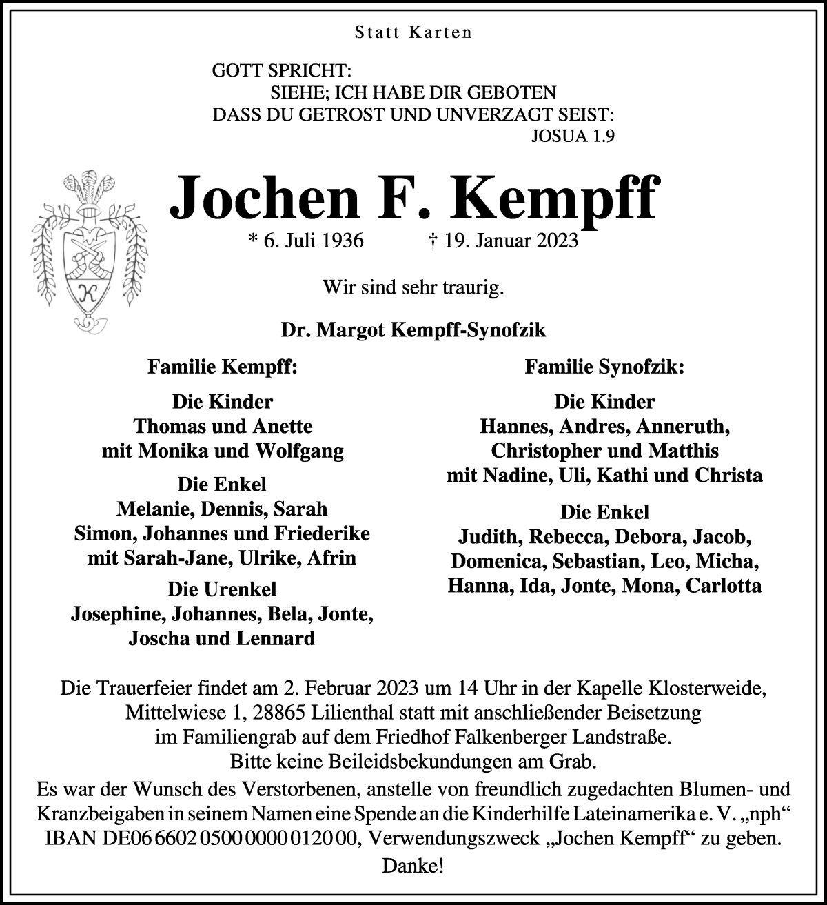  Traueranzeige für Jochen F. Kempff vom 28.01.2023 aus WESER-KURIER