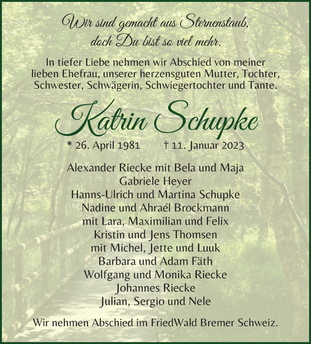  Traueranzeige für Katrin Schupke vom 28.01.2023 aus WESER-KURIER