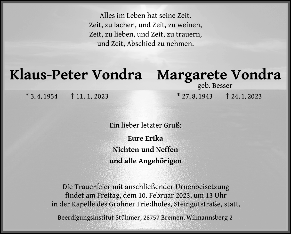 Traueranzeige von Klaus-Peter und Margarete Vondra von WESER-KURIER