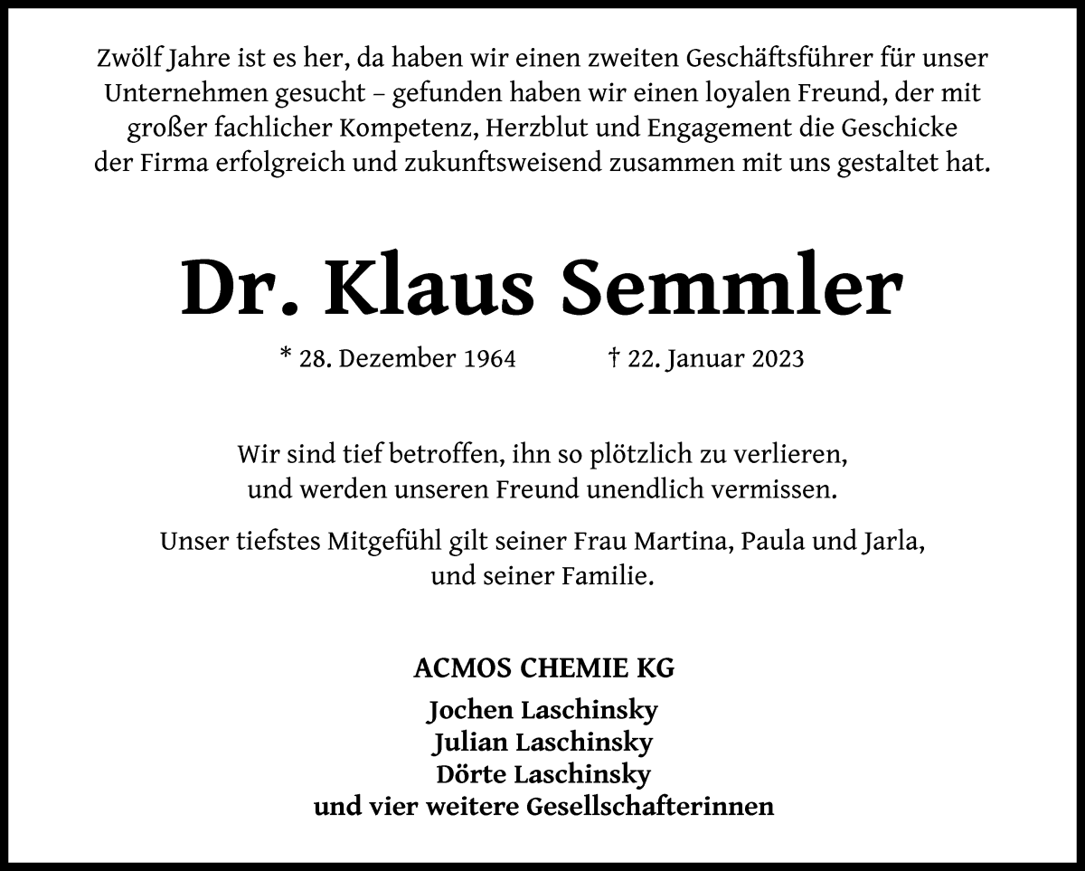 Traueranzeige von Klaus Semmler von WESER-KURIER
