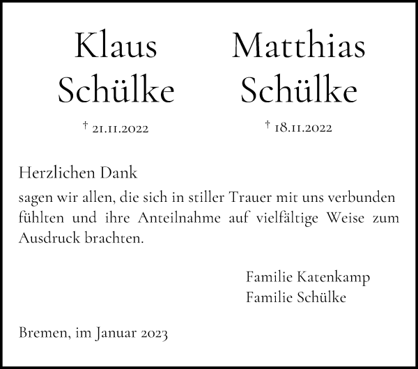 Traueranzeige von Klaus und Matthias Schülke