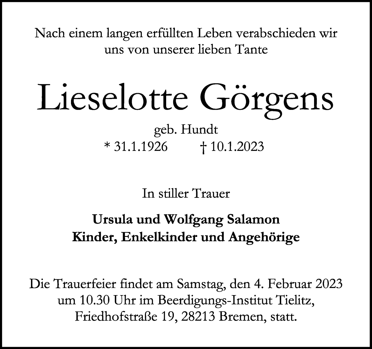 Traueranzeige von Lieselotte Görgens von WESER-KURIER