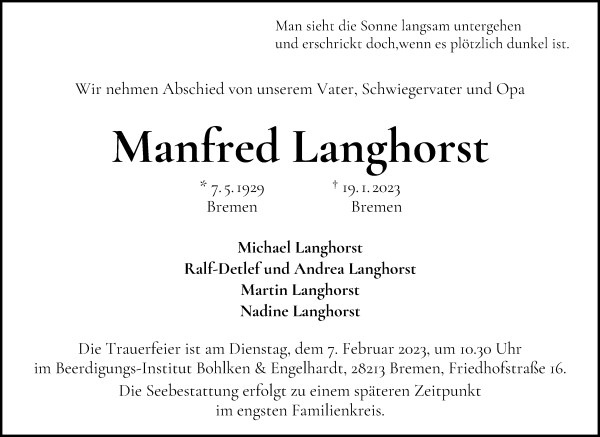 Traueranzeige von Manfred Langhorst von WESER-KURIER
