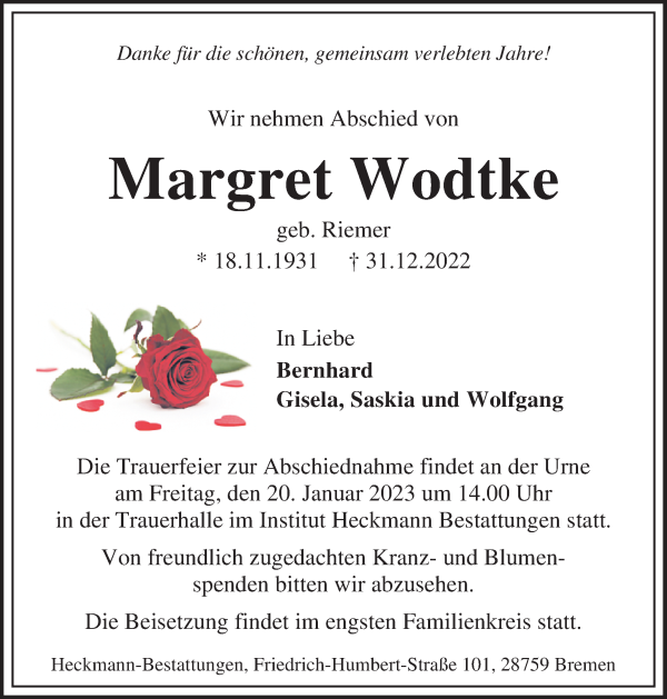 Traueranzeige von Margret Wodtke von Die Norddeutsche