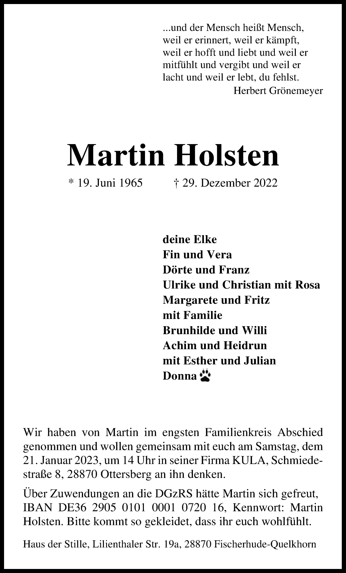  Traueranzeige für Martin Holsten vom 14.01.2023 aus WESER-KURIER