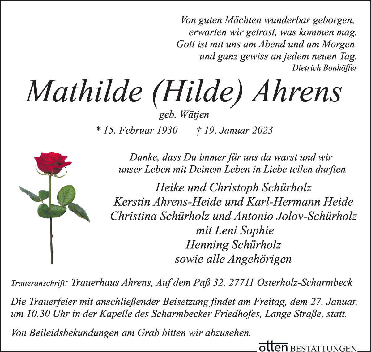  Traueranzeige für Mathilde Ahrens vom 21.01.2023 aus Osterholzer Kreisblatt