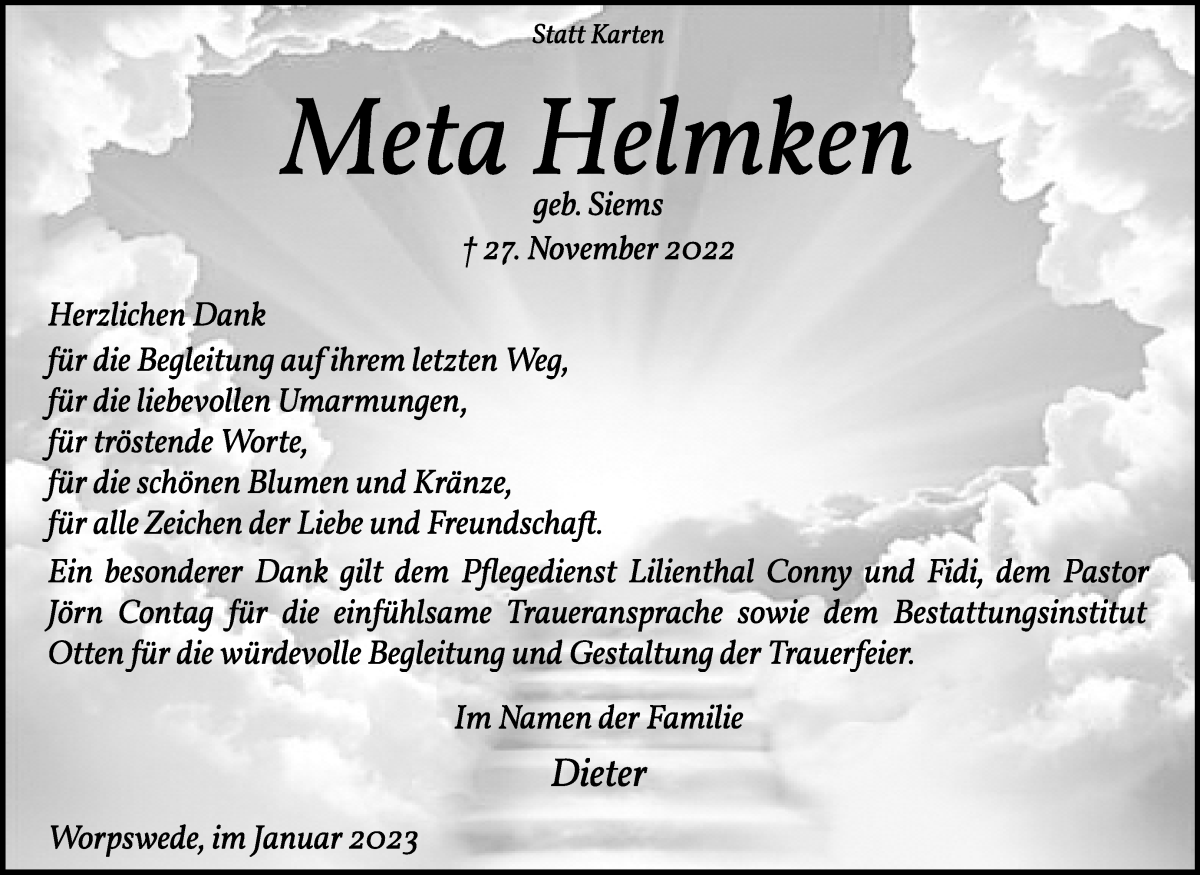  Traueranzeige für Meta Helmken vom 14.01.2023 aus Wuemme Zeitung