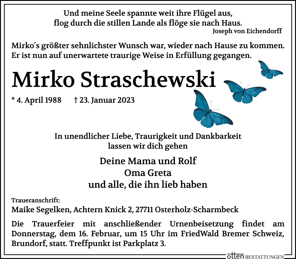 Traueranzeige von Mirko Straschewski von Osterholzer Kreisblatt