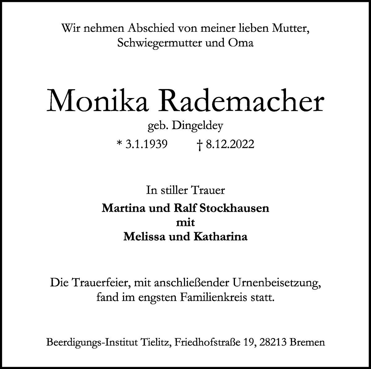 Traueranzeige von Monika Rademacher von WESER-KURIER