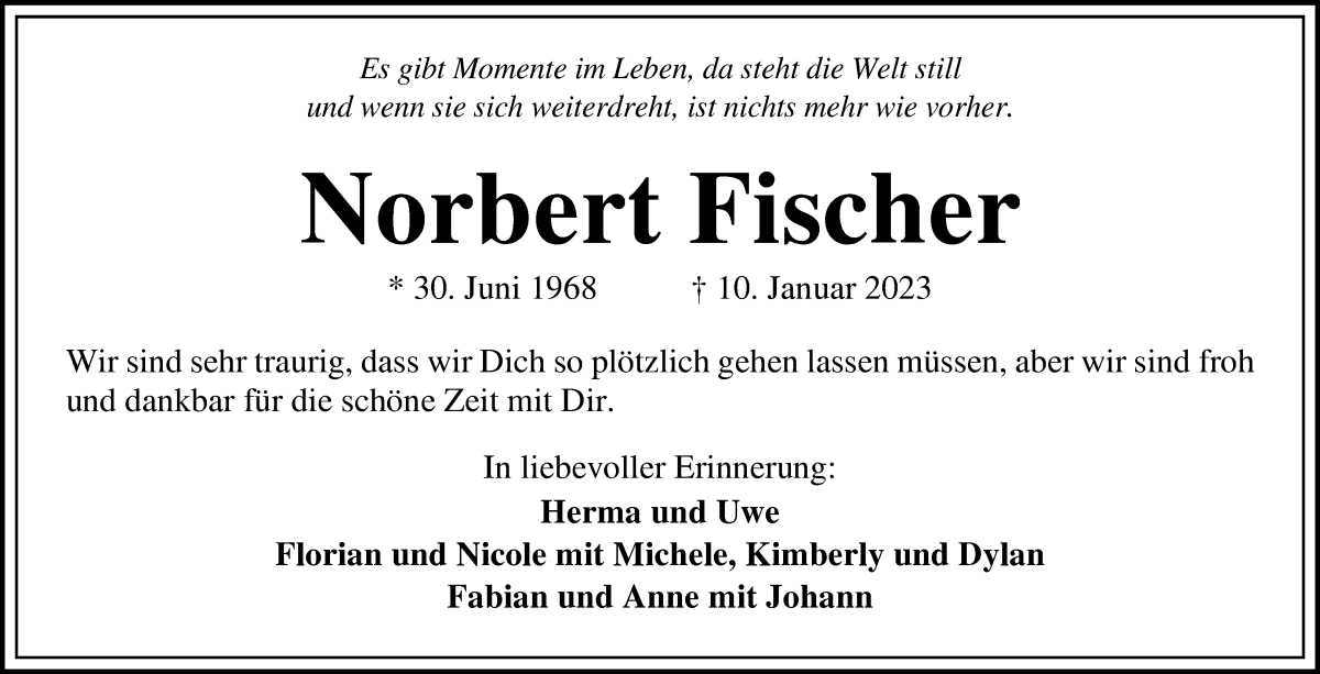  Traueranzeige für Norbert Fischer vom 18.01.2023 aus Die Norddeutsche