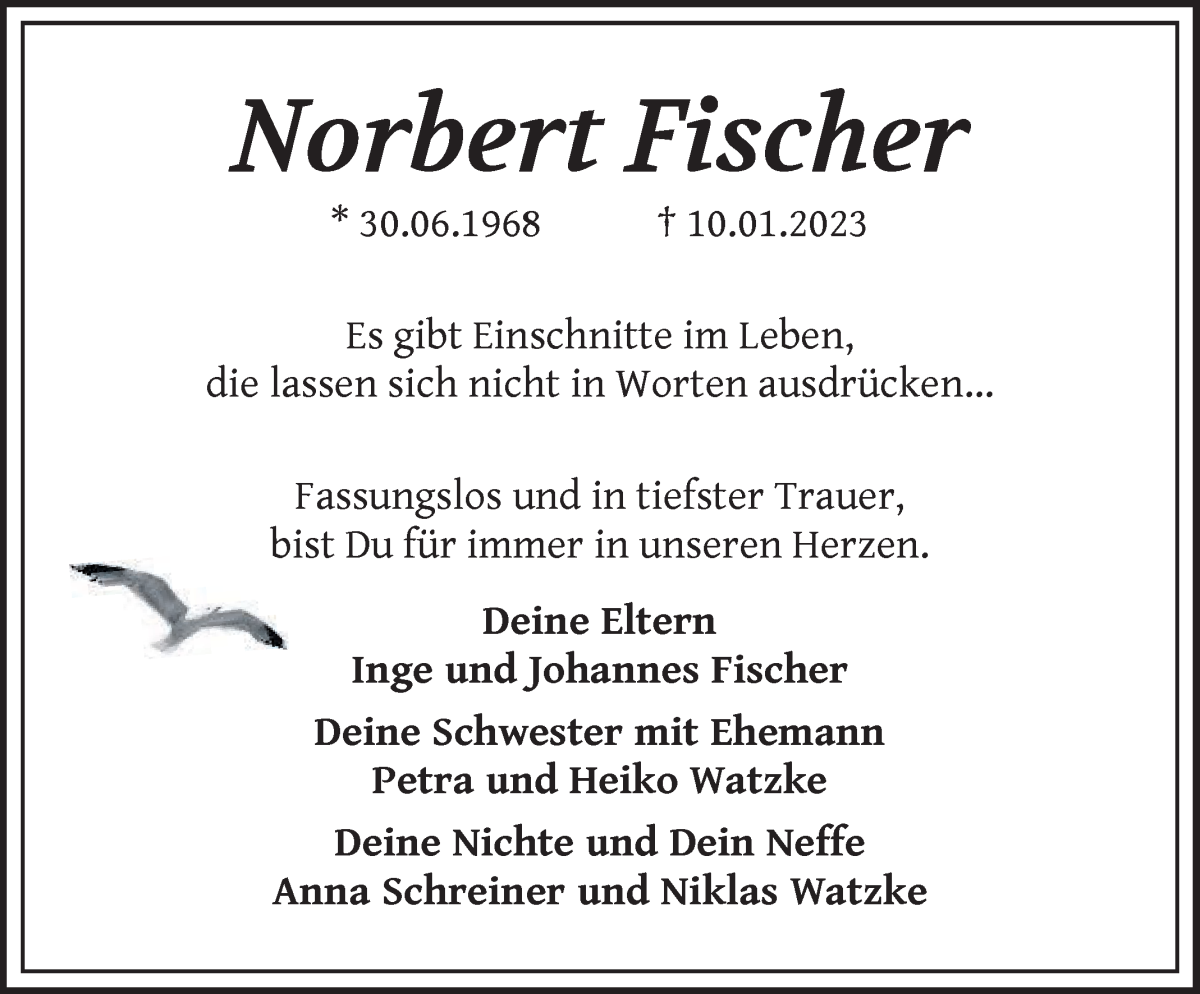  Traueranzeige für Norbert Fischer vom 18.01.2023 aus Die Norddeutsche