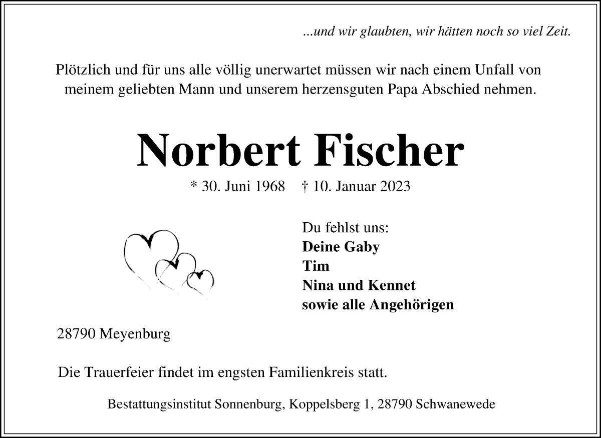  Traueranzeige für Norbert Fischer vom 14.01.2023 aus Die Norddeutsche