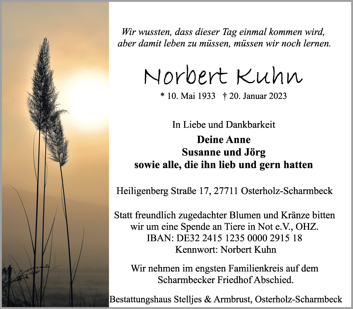 Traueranzeige von Norbert Kuhn von Osterholzer Kreisblatt
