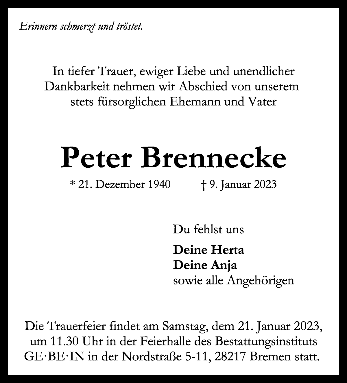 Traueranzeige von Peter Brennecke von WESER-KURIER