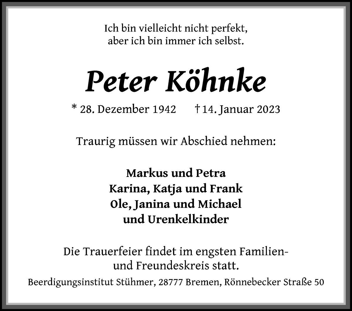 Traueranzeige von Peter Köhnke von Die Norddeutsche