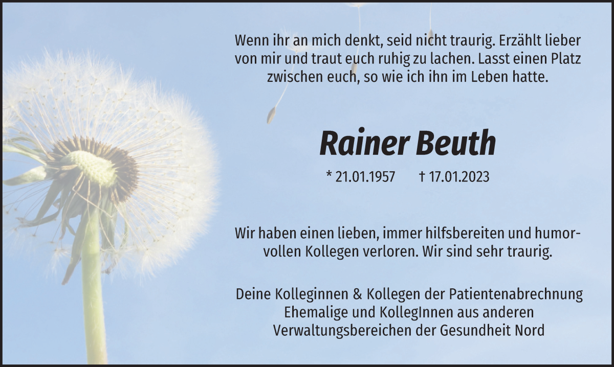  Traueranzeige für Rainer Beuth vom 21.01.2023 aus WESER-KURIER