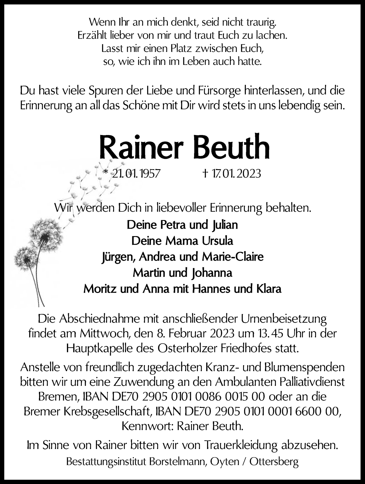  Traueranzeige für Rainer Beuth vom 21.01.2023 aus WESER-KURIER
