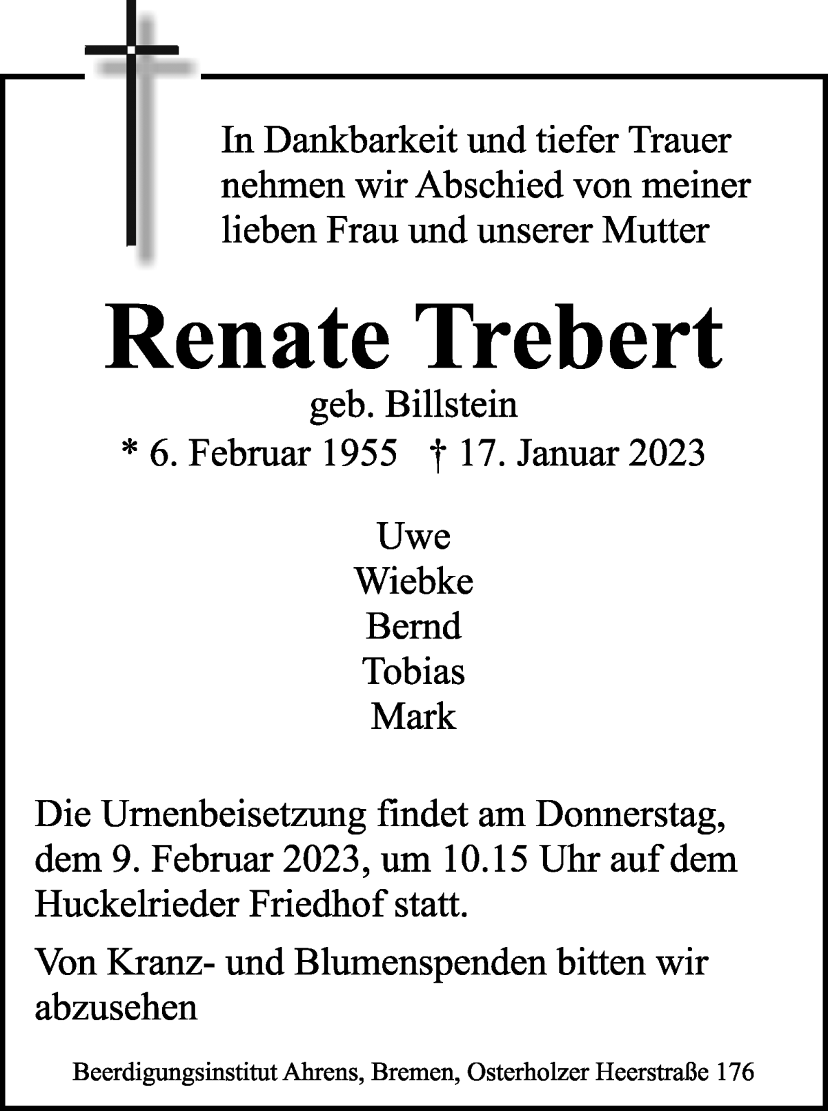  Traueranzeige für Renate Trebert vom 23.01.2023 aus WESER-KURIER
