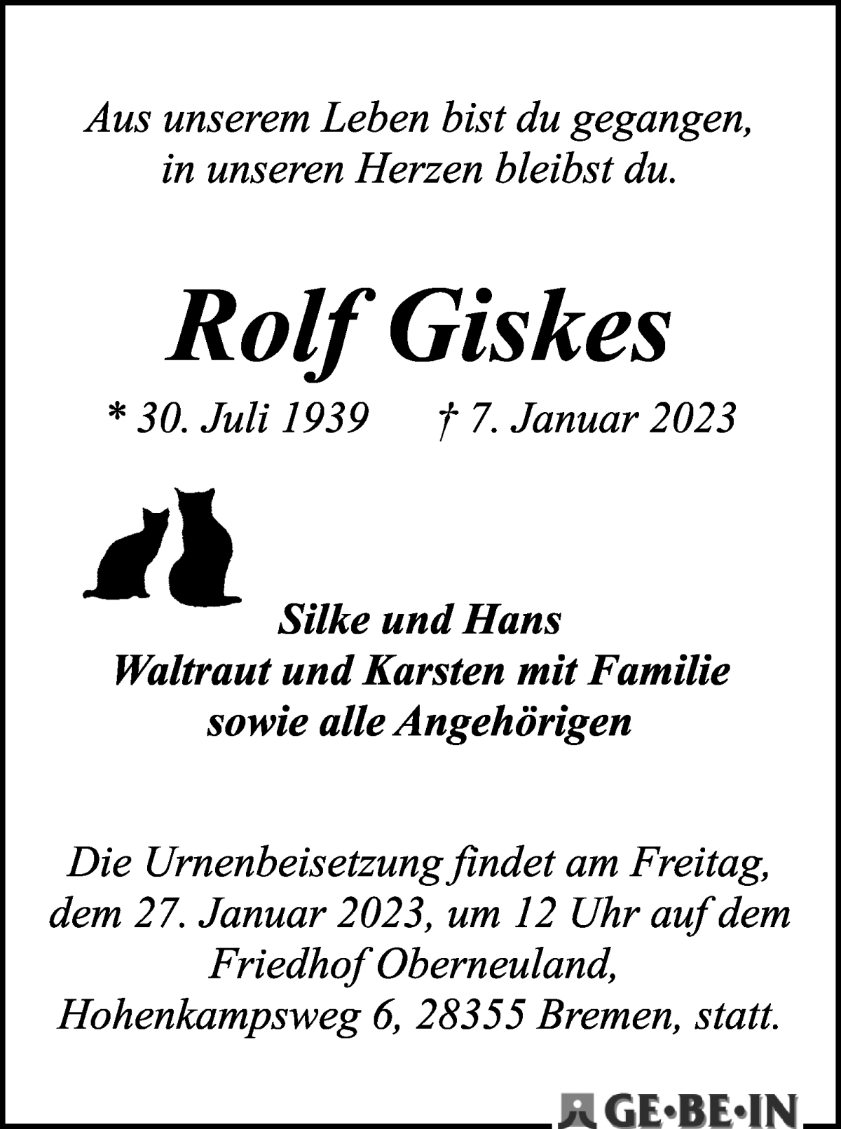  Traueranzeige für Rolf Giskes vom 21.01.2023 aus WESER-KURIER