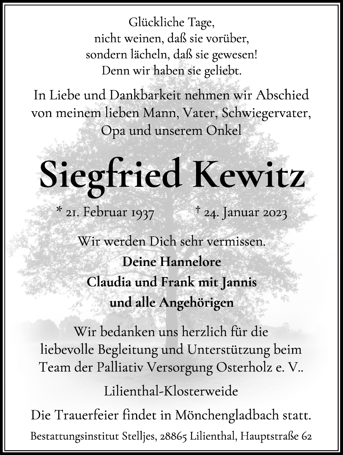  Traueranzeige für Siegfried Kewitz vom 28.01.2023 aus Wuemme Zeitung