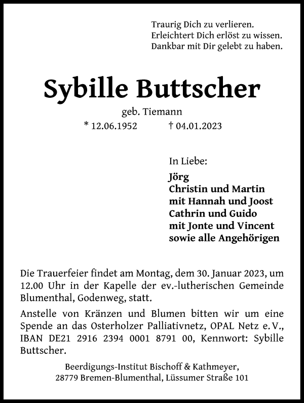 Traueranzeige von Sybille Buttscher von Die Norddeutsche