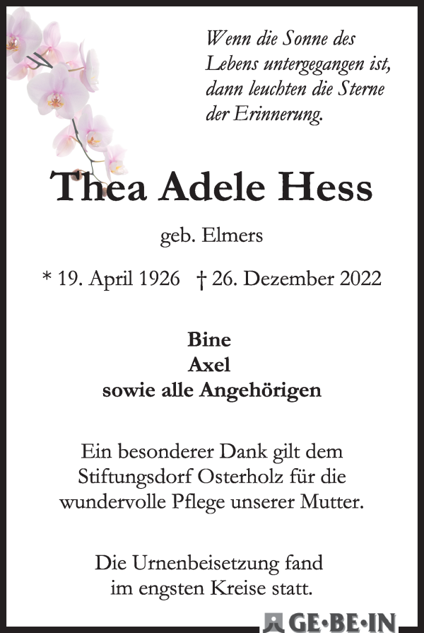Traueranzeige von Thea Adele Hess von WESER-KURIER