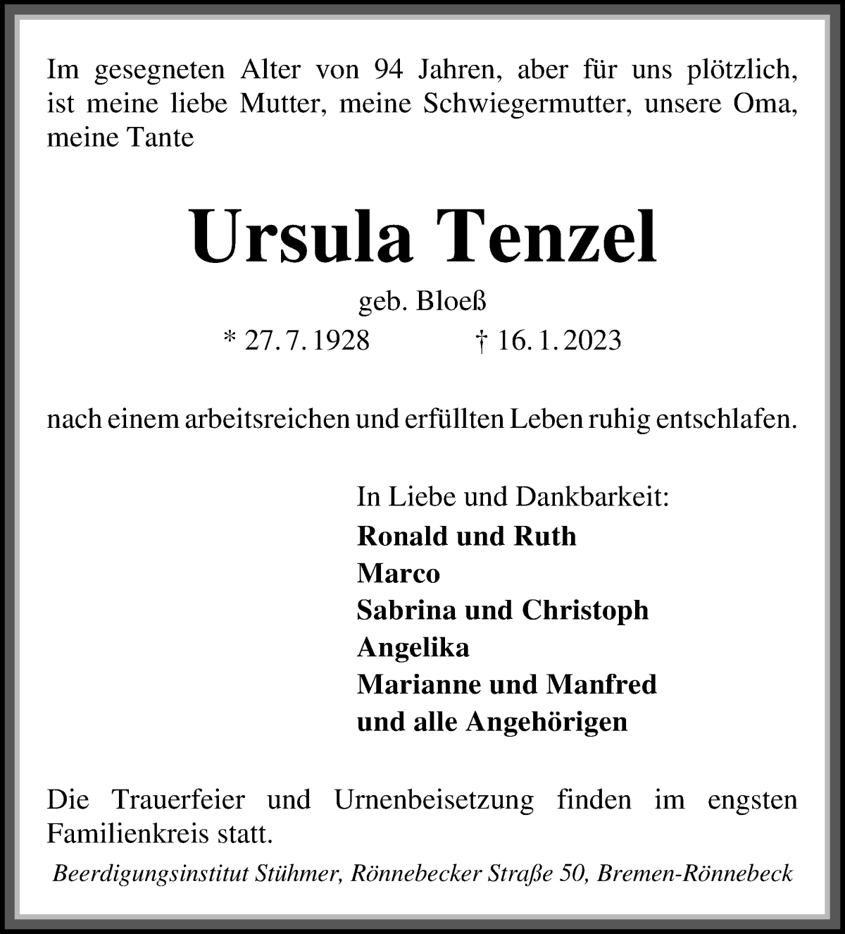Traueranzeige von Ursula Tenzel von Die Norddeutsche