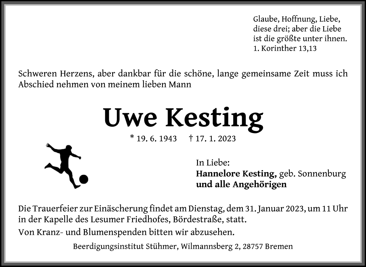 Traueranzeige für Uwe Kesting vom 21.01.2023 aus WESER-KURIER