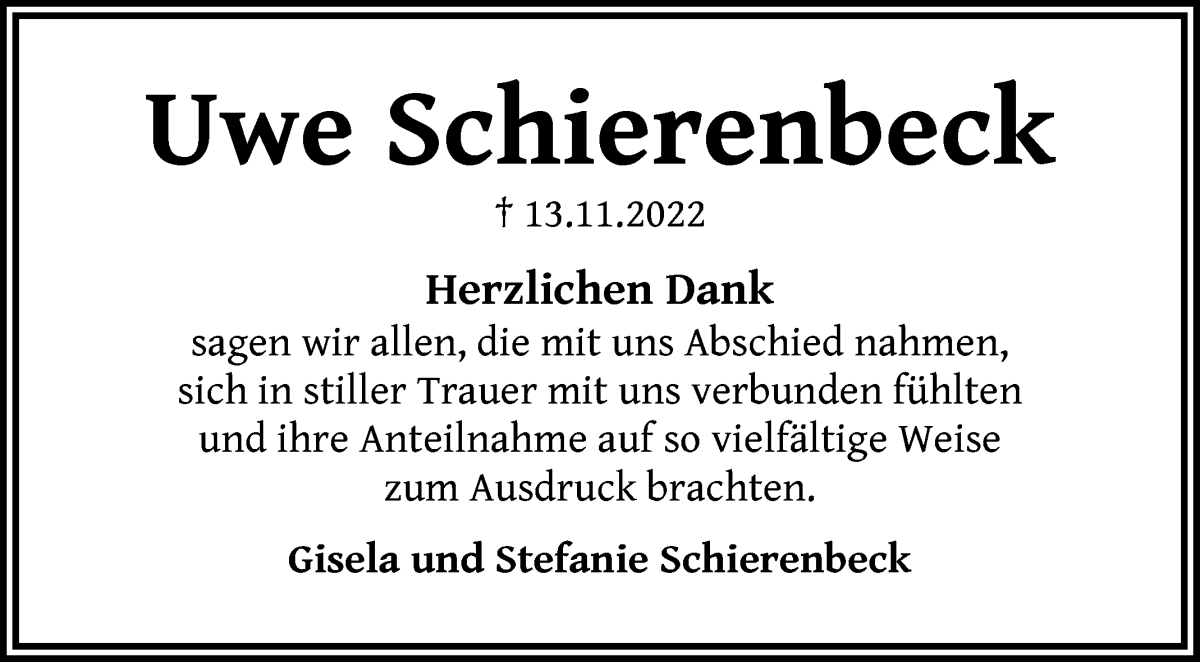  Traueranzeige für Uwe Schierenbeck vom 21.01.2023 aus WESER-KURIER