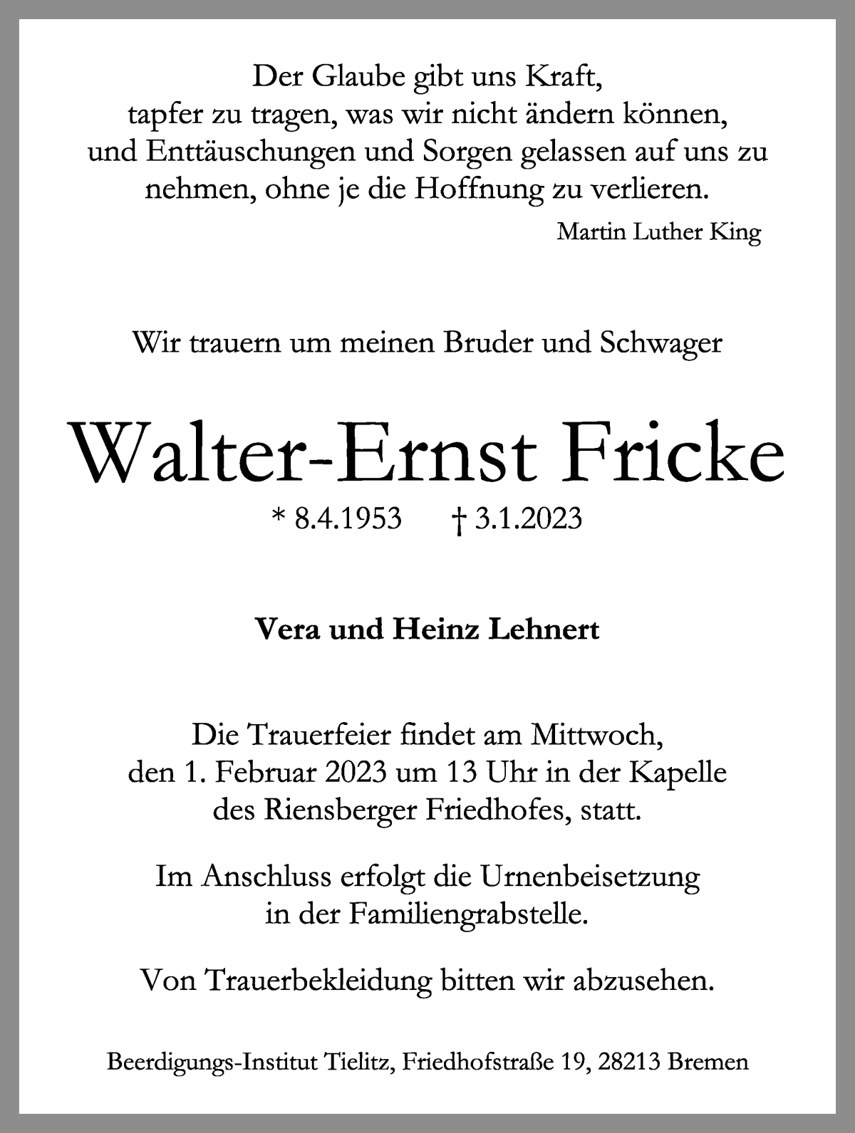 Traueranzeige von Walter-Ernst Fricke von WESER-KURIER