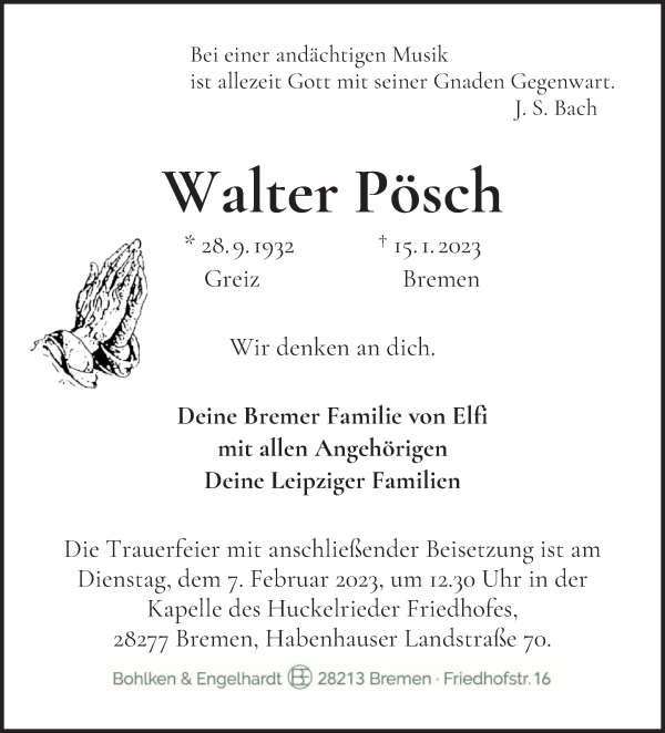 Traueranzeige von Walter Pösch von WESER-KURIER