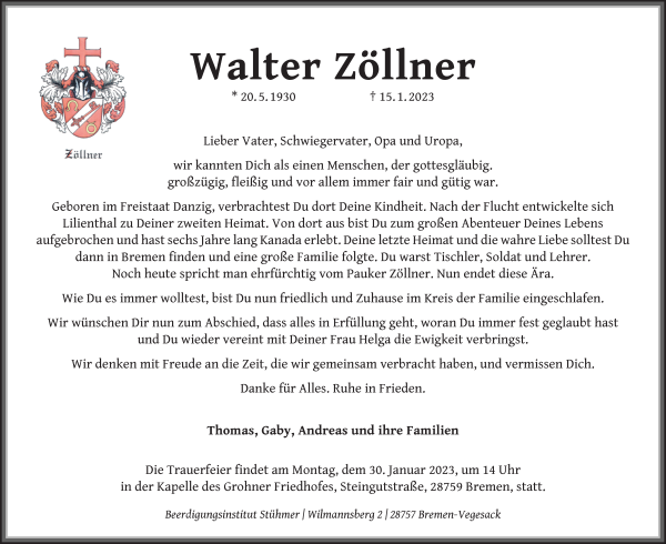 Traueranzeige von Walter Zöllner von WESER-KURIER