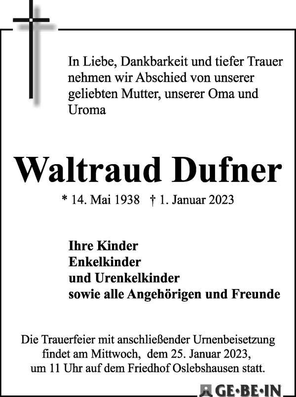 Traueranzeige von Waltraud Dufner von WESER-KURIER