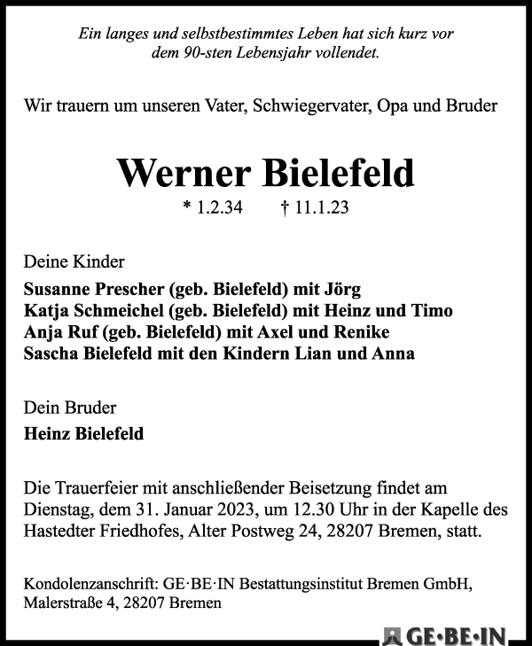 Traueranzeige von Werner Bielefeld von WESER-KURIER