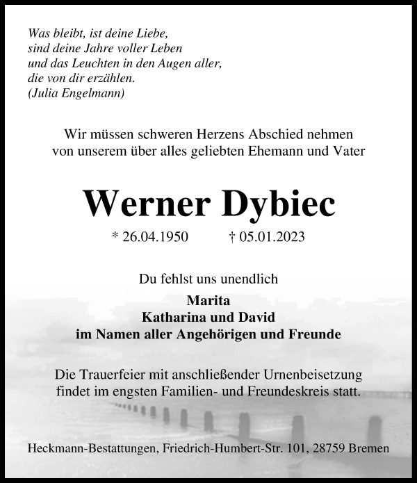 Traueranzeige von Werner Dybiec von Die Norddeutsche