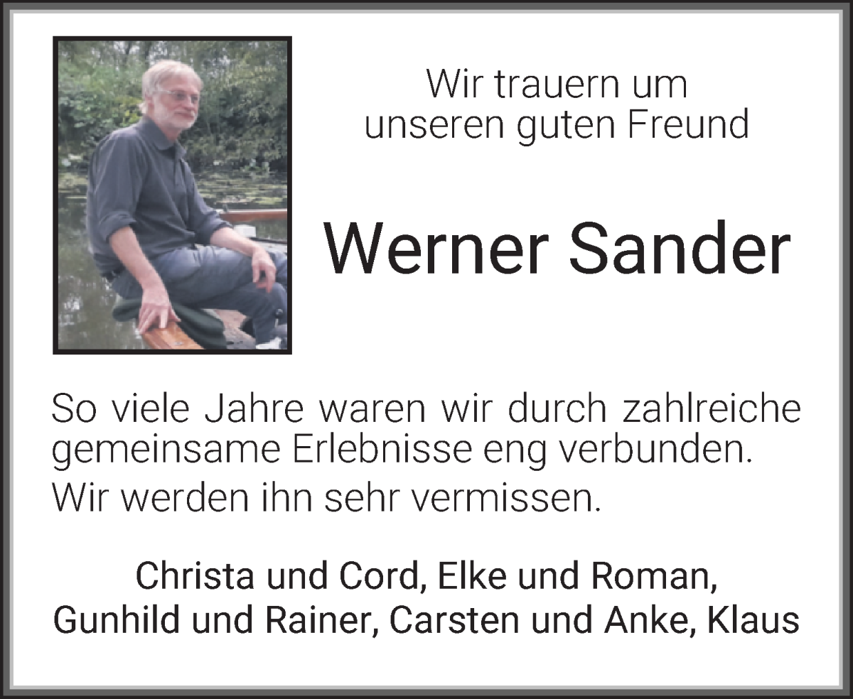 Traueranzeige von Werner Sander von WESER-KURIER