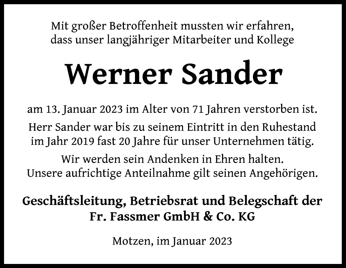 Traueranzeige von Werner Sander von Die Norddeutsche