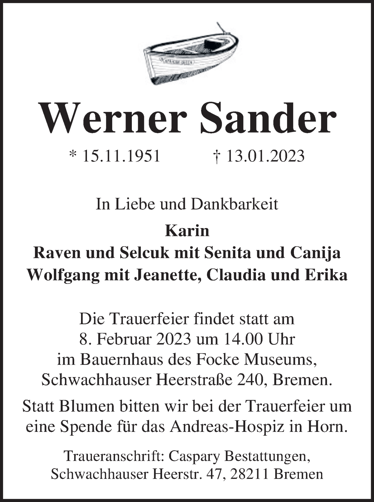 Traueranzeige von Werner Sander von WESER-KURIER