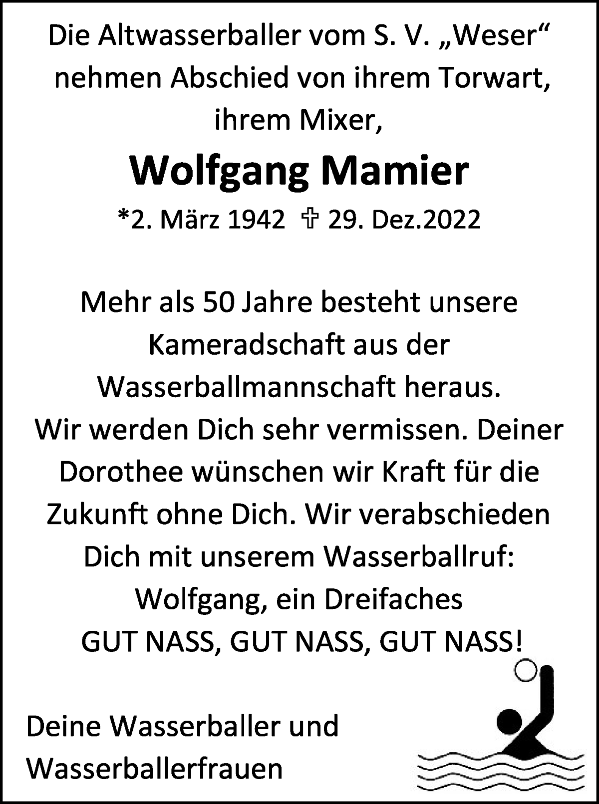 Traueranzeige von Wolfgang Mamier von WESER-KURIER