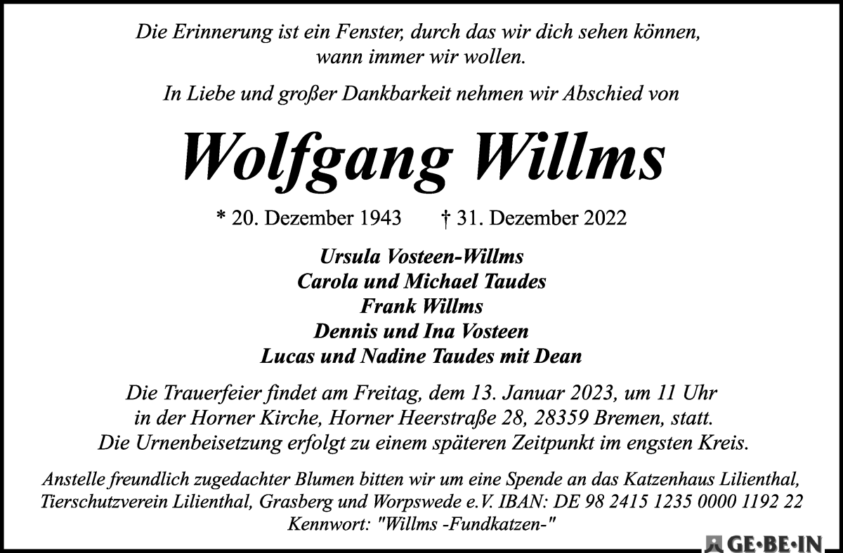 Traueranzeige von Wolfgang Willms von WESER-KURIER