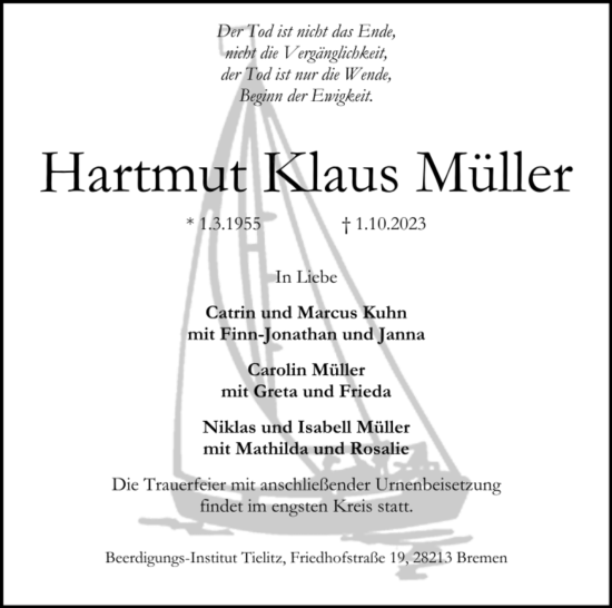 Traueranzeige von Hartmut Klaus Müller