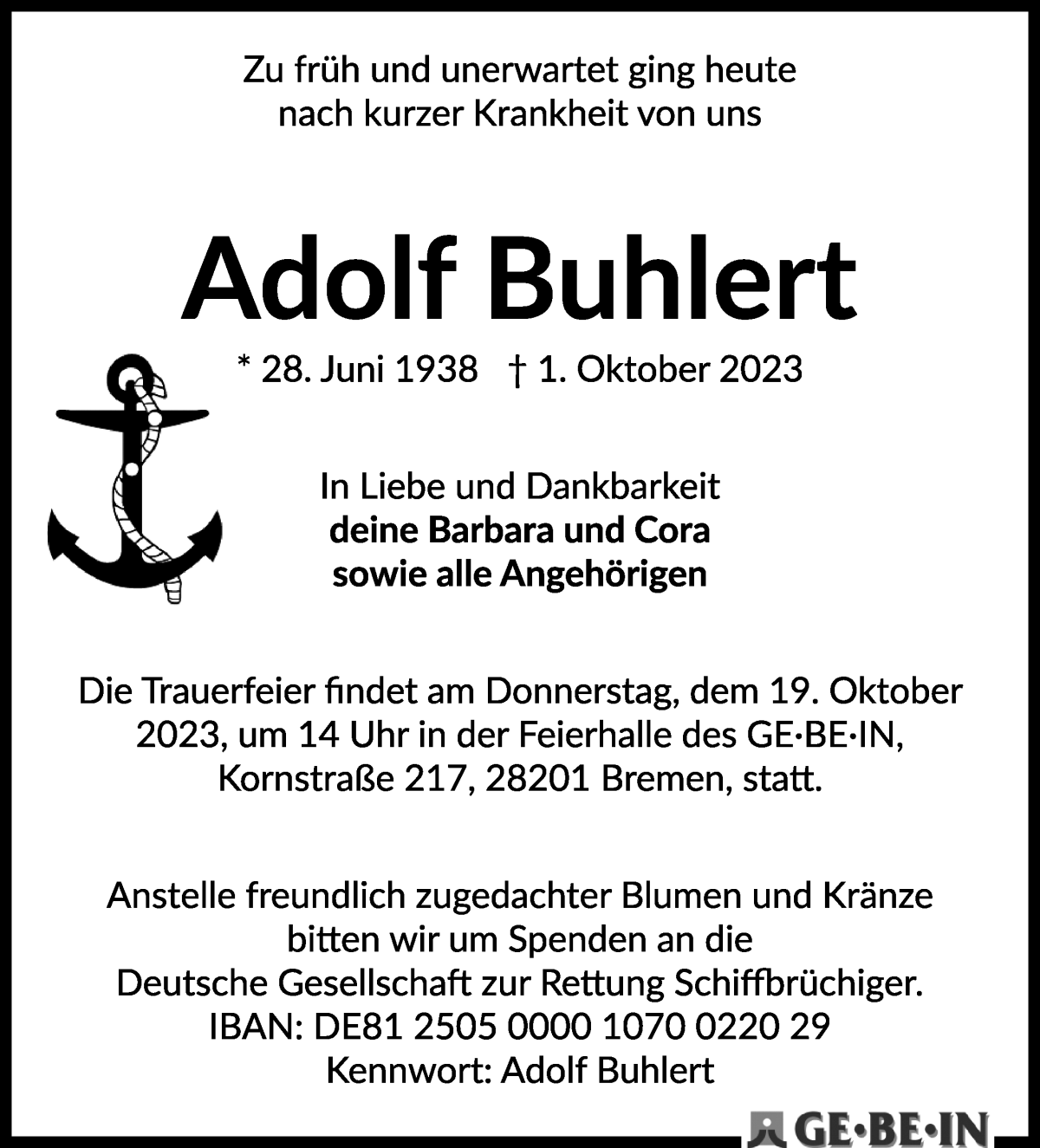 Traueranzeige von Adolf Buhlert von WESER-KURIER