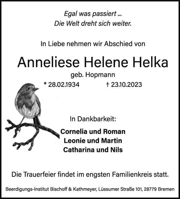 Traueranzeige von Anneliese Helene Helka von Die Norddeutsche