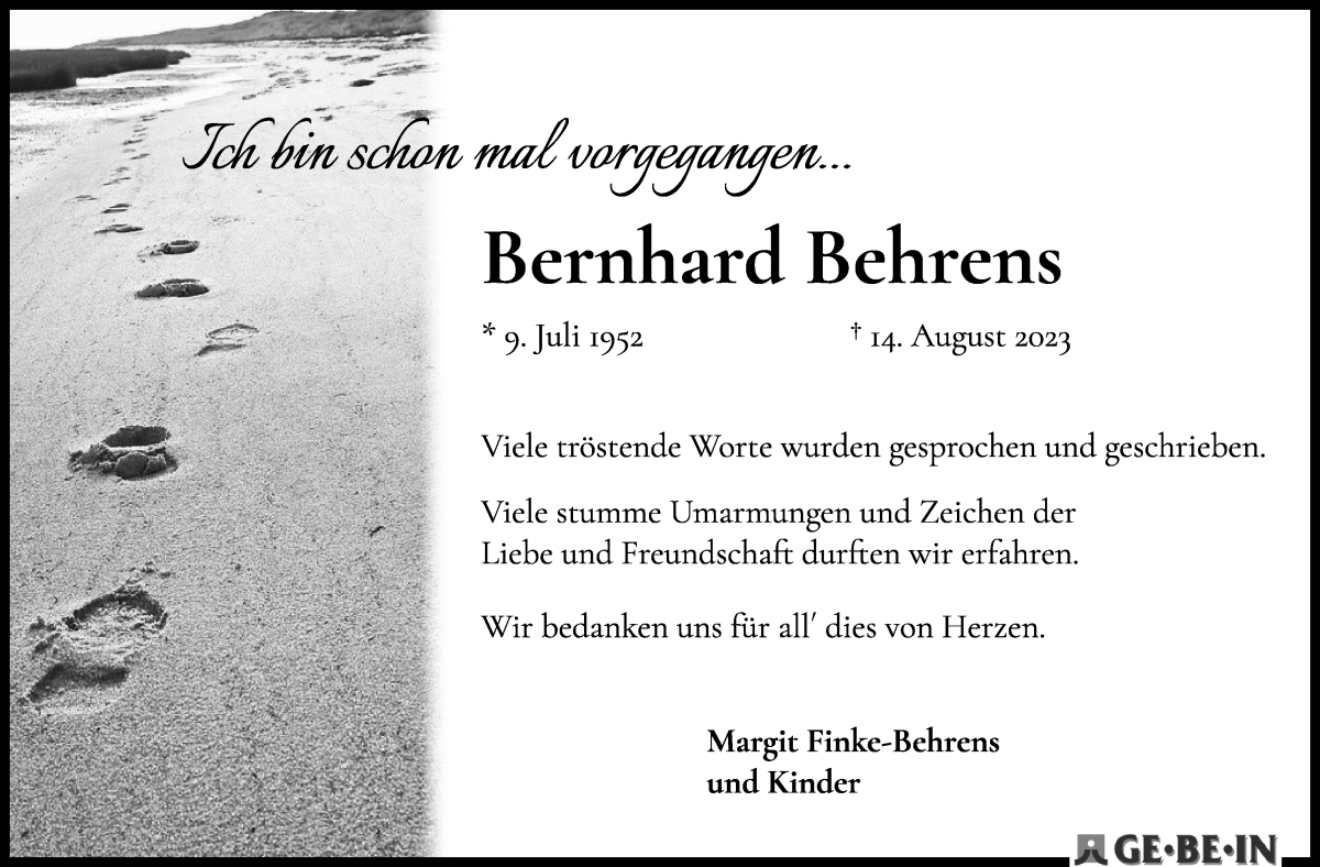 Traueranzeige von Bernhard Behrens von WESER-KURIER