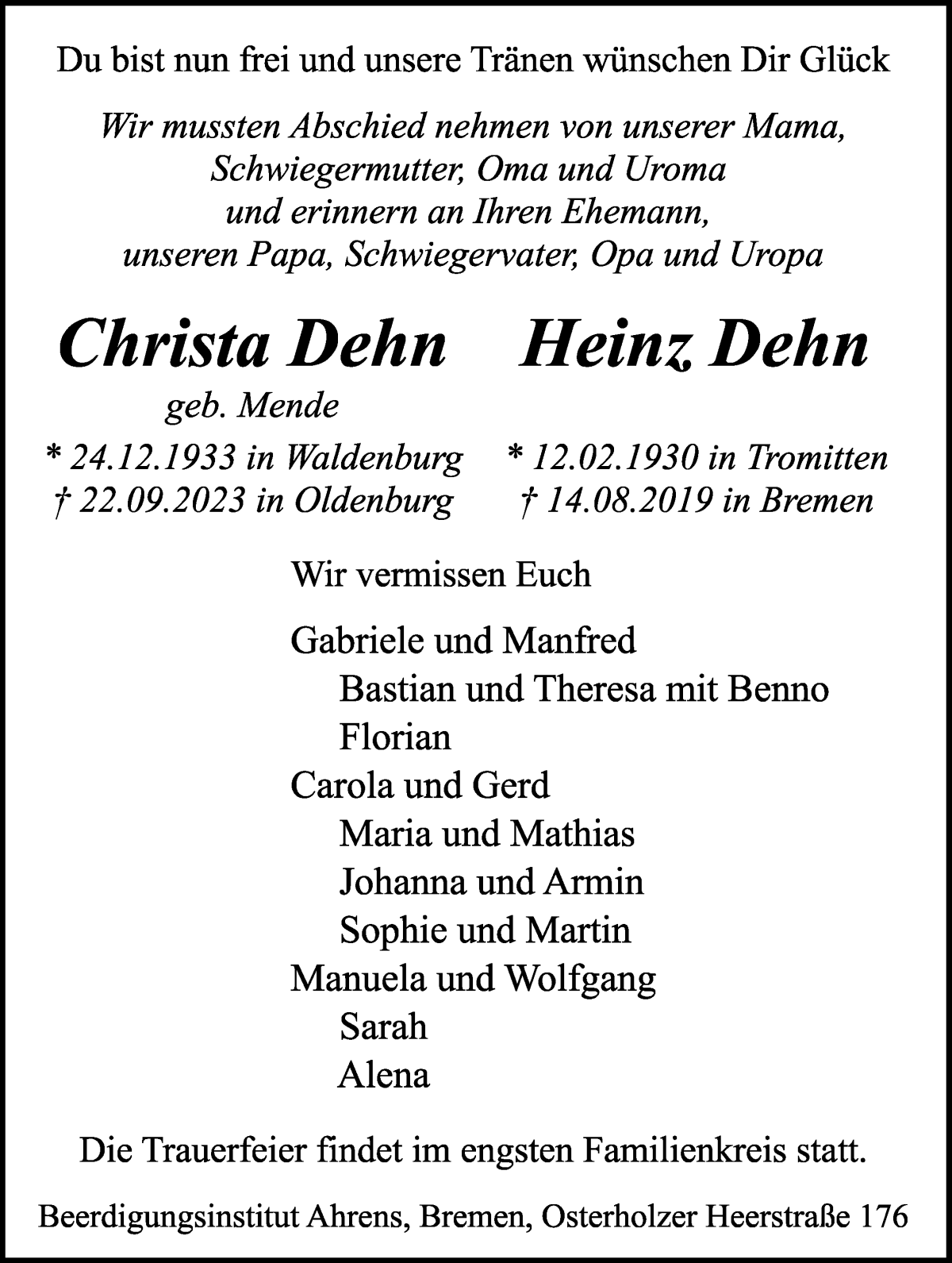 Traueranzeige von Chista und Heinz Dehn von WESER-KURIER